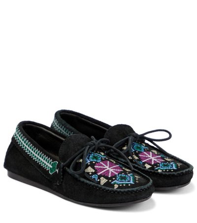 Shop Isabel Marant Freen Embroidered Suede Moccasins In Faded Black