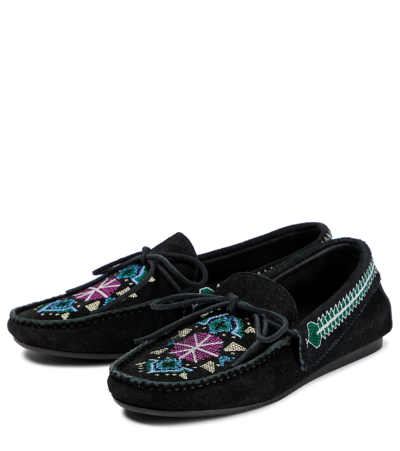 Shop Isabel Marant Freen Embroidered Suede Moccasins In Faded Black