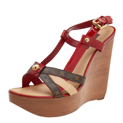 Louis Vuitton Red Canvas and Gold Stud Wedge Sandals Size 9.5/40