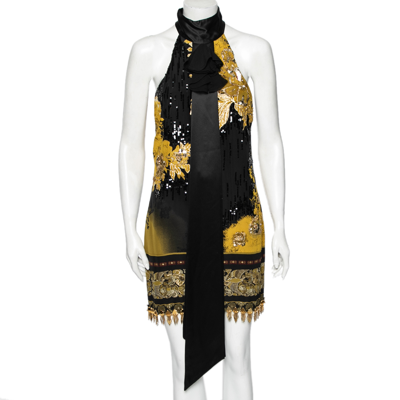Pre-owned Roberto Cavalli Black & Yellow Printed Silk & Satin Trimmed Embellished Dress M