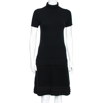 Pre-owned Roberto Cavalli Black Wool Wave And Ruffle Textured Hem Turtleneck Dress M