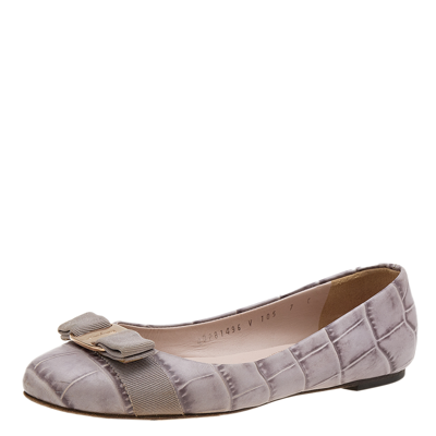 Pre-owned Ferragamo Grey Croc Embossed Leather Varina Ballet Flats Size 37.5