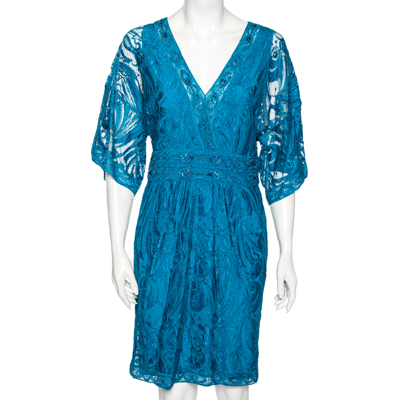 Pre-owned Emilio Pucci Blue Embellished Lace V-neck Dress M