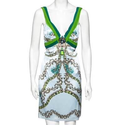 Pre-owned Roberto Cavalli Blue Jewel Printed And Embellished Plunging Neck Sleeveless Midi Dress M
