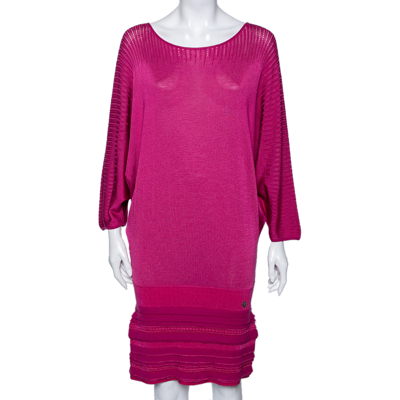 Pre-owned Roberto Cavalli Fuchsia Patterned Wool Knit Draped Mini Dress M In Pink