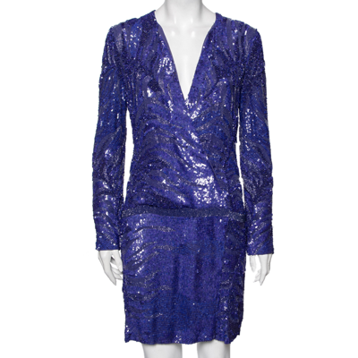 Pre-owned Roberto Cavalli Blue Embellished Silk Wrap Detail Long Sleeve Dress M