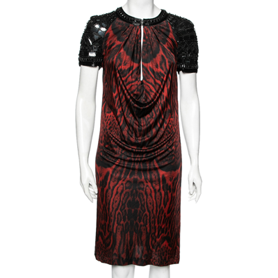Pre-owned Roberto Cavalli Black & Red Animal Printed Embellished Jersey Dress M