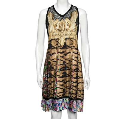 Pre-owned Roberto Cavalli Multicolor Printed Silk & Lace Sleeveless Pleated Mini Dress M