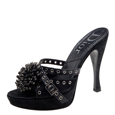 Pre-owned Dior Black Perforated Suede And Python Embellished Platform Slide Sandals Size 37