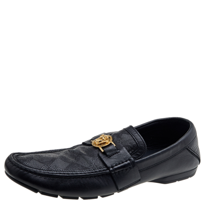 Pre-owned Versace Black Leather And Monogram Fabric Medusa Slip On Loafers Size 44