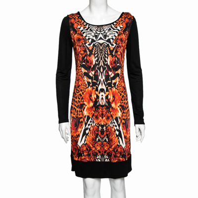 Pre-owned Roberto Cavalli Black And Orange Printed Jersey Long Sleeve Dress M