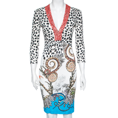 Pre-owned Roberto Cavalli Multicolor Animal Printed Jersey Beaded V Neck Dress M