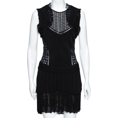 Pre-owned Roberto Cavalli Black Eyelet Knit & Silk Inset Ruffled Dress M