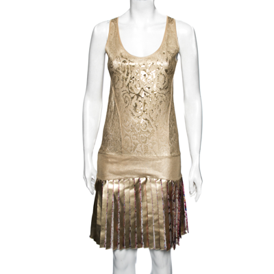 Pre-owned Roberto Cavalli Gold Knit Sequin Embellished Pleated Dress M