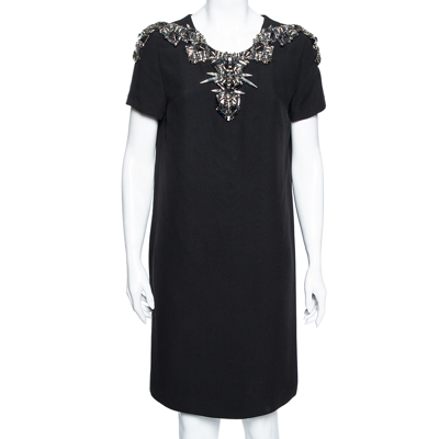 Pre-owned Gucci Black Embellished Silk Crepe Shift Dress M