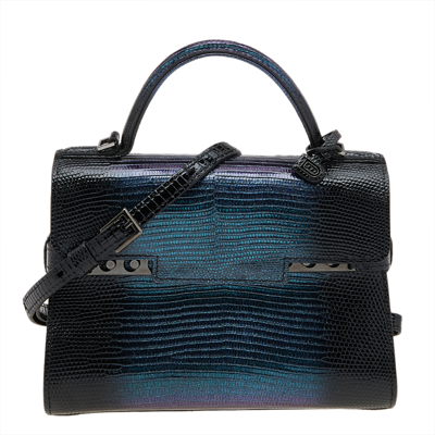 Pre-owned Delvaux Black Iridescent Lizard Tempete Pm Top Handle Bag