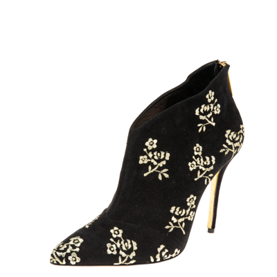Pre-owned Oscar De La Renta Black Suede Flower Embroidery Ankle Boots Size 37