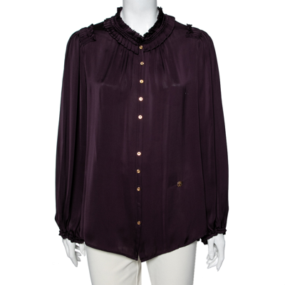 Pre-owned Roberto Cavalli Purple Silk Ruffle Detail Button Front Shirt M