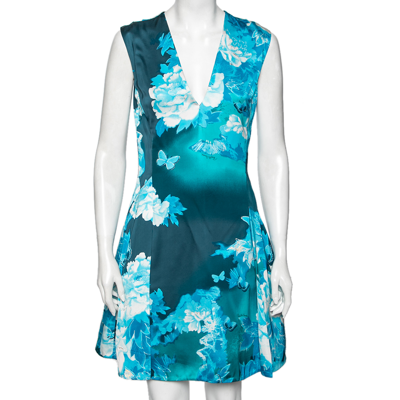 Pre-owned Roberto Cavalli Blue Butterfly Printed Satin Sleeveless Midi Dress M
