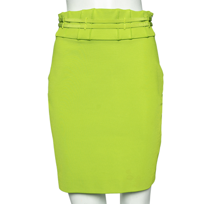 Pre-owned Roberto Cavalli Green Knit & Silk Trim Detailed Skirt M