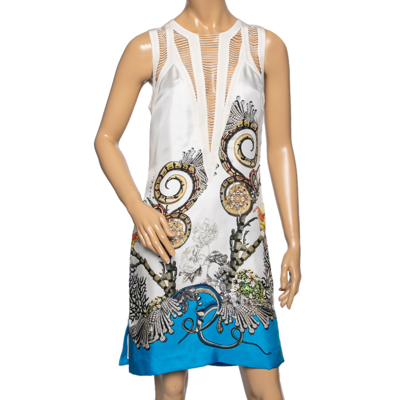 Pre-owned Roberto Cavalli White Printed Silk Swing Trim Sleeveless Dress M