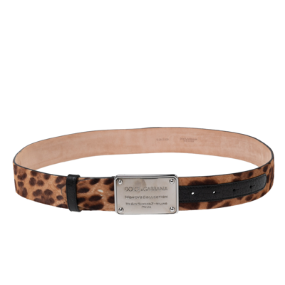 Pre-owned Dolce & Gabbana Brown Leopard Print Calf Hair Logo Plaque Belt 95cm