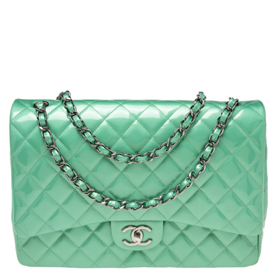 Pre-owned Mint Green Quilted Patent Leather Maxi Classic Double Flap Bag