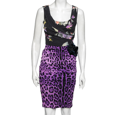 Pre-owned Dolce & Gabbana Purple And Black Leopard And Floral Printed Silk Ruched Midi Dress S
