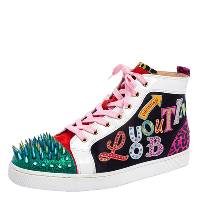 Pre-owned Christian Louboutin Multicolor Logo Suede, Patent Leather And Glitter Lou Spikes High-top Sneakers Size 44