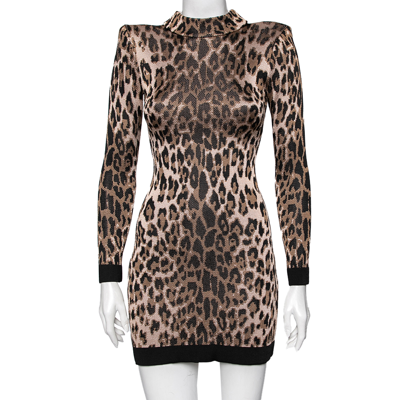 Pre-owned Balmain Brown Leopard Jacquard Knit Long Sleeve Dress S