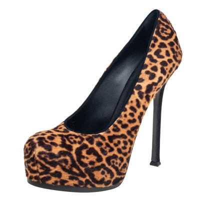 Pre-owned Saint Laurent Brown/beige Leopard Print Pony Hair Tribtoo Pumps Size 41