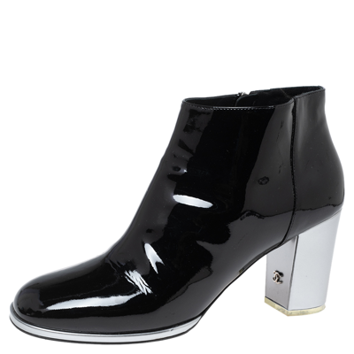 CHANEL 20C Patent Leather Split Wedge Heel Ankle Bootie Boots