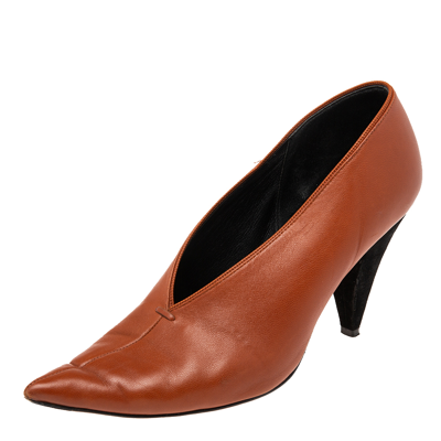 Pre-owned Celine Brown Leather V Neck Pointed Toe Pumps Size 37