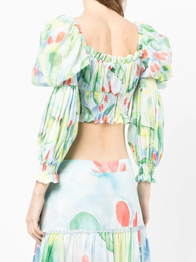 Charo Ruiz Brisa Cropped Shirred Floral-print Cotton-blend Top In Blau