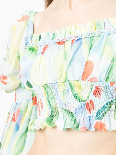 Charo Ruiz Brisa Cropped Shirred Floral-print Cotton-blend Top In Blau