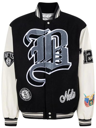 Jeff Hamilton Brooklyn Nets Block Letter Wool Blend Varsity Jacket In Grey
