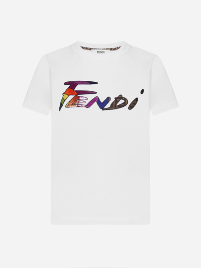 Shop Fendi Logo Cotton T-shirt
