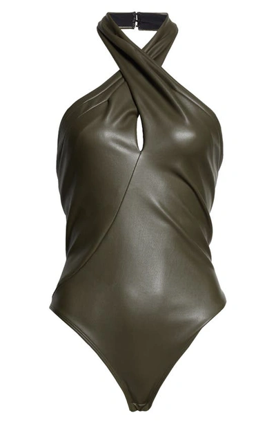 Shop Alix Nyc Oliver Halter Faux Leather Bodysuit In Pine