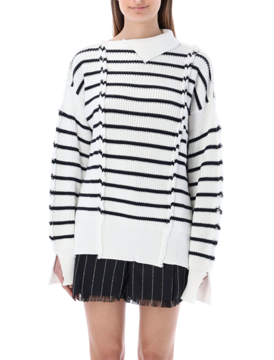Shop Marni Disrupted Breton Stripe Sweater In Lily White