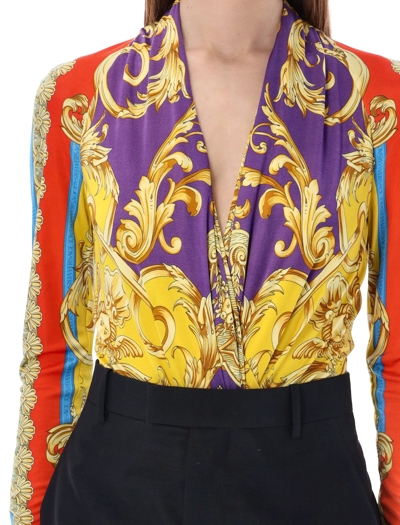 Shop Versace Heritage Print Bodysuit In Dark Orchid + Sun