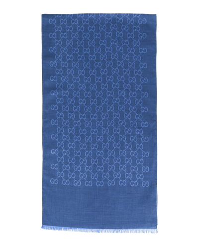 Shop Gucci Gg Logo Wool And Silk Scarf In Sapphire/blue