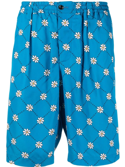 Shop Marni Daisy-print Track Shorts In Blue