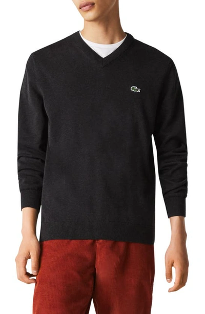 Shop Lacoste V-neck Cotton Sweater In Black