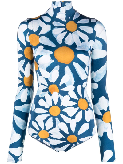 Shop Marni Long-sleeve Sunflower-print Swimsuit In Blue