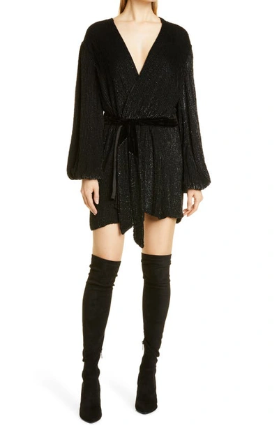 Shop Retroféte Gabrielle Metallic Long Sleeve Wrap Dress In Black