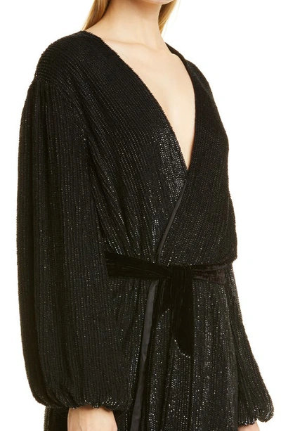 Shop Retroféte Gabrielle Metallic Long Sleeve Wrap Dress In Black