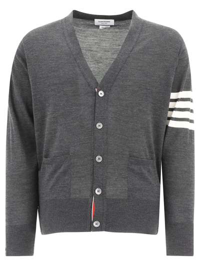 Thom Browne V-neck Cardigan With 4-bar Stripe In Medium Grey Merino In Grey