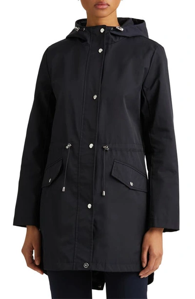 Shop Lauren Ralph Lauren Cinch Waist Cotton Blend Raincoat In Dark Navy