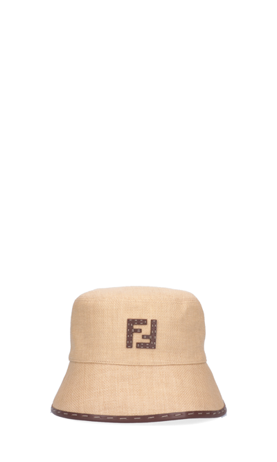 Shop Fendi Bucket Logo Rafia Hat In Neutrals