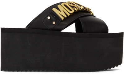 Shop Moschino Black Leather Platform Sandals In 000 Nero